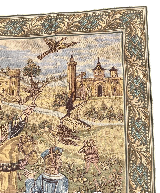 Large Woven Tapestry Wall Hanging Falcon Hunt Scene Horses Dogs Birds 84x62 gallery