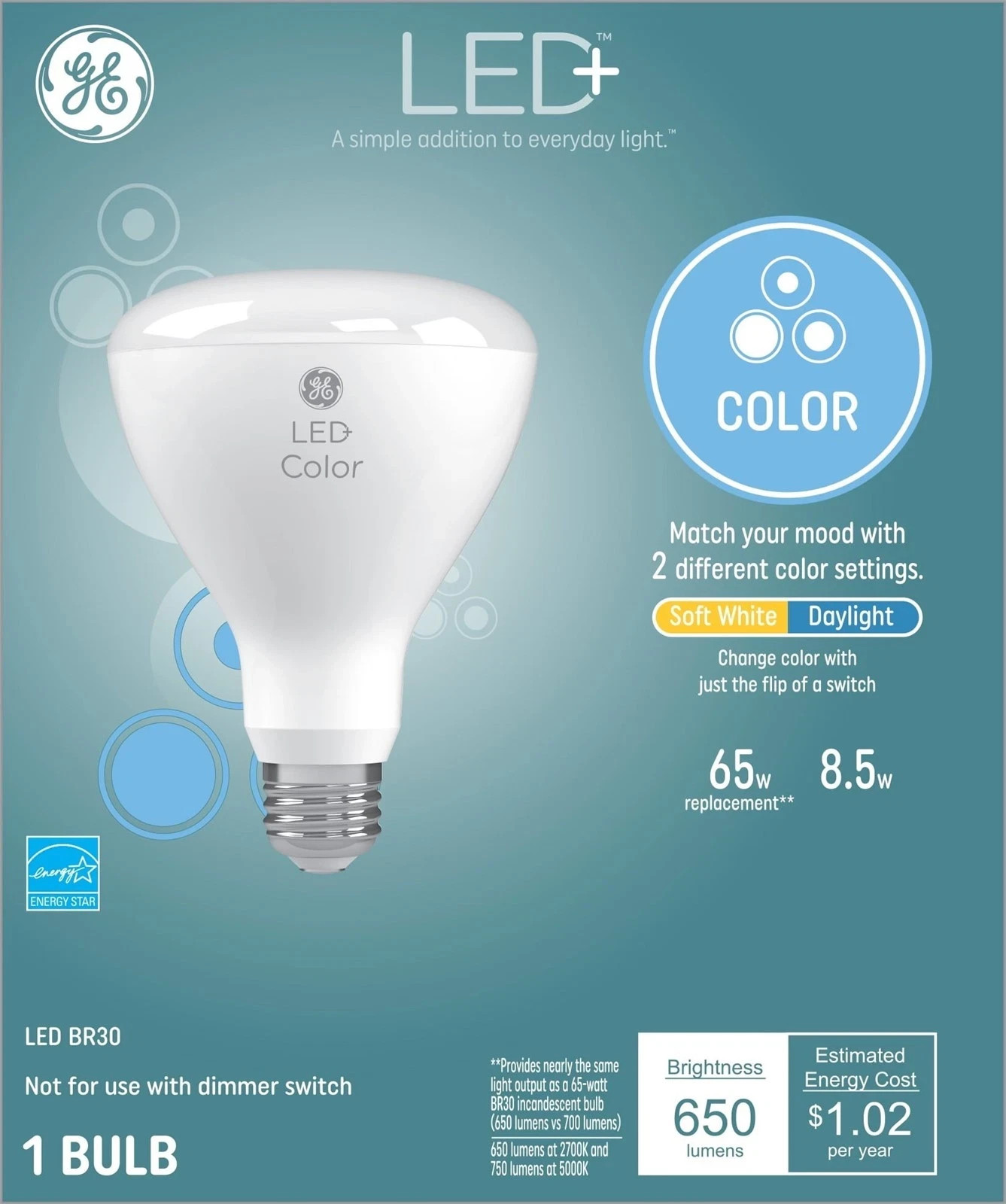 GE LED+ BR30 Soft White/Daylight LED Light Bulb with Remote, 8.5W NEW gallery