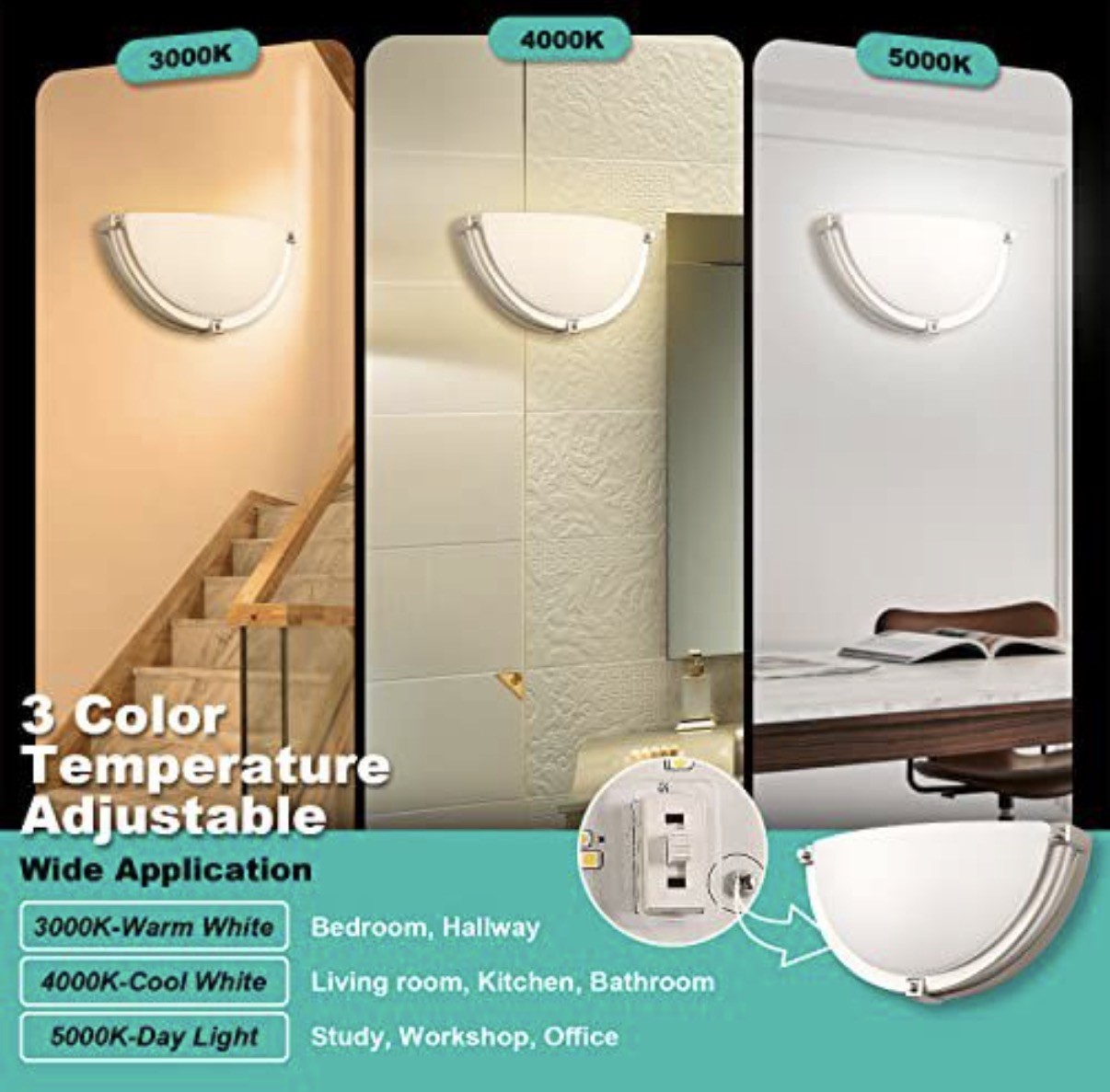 13 inch Dimmable LED Wall Sconce, Half Moon Wall Light Fixture, 3000K/4000K/5... gallery