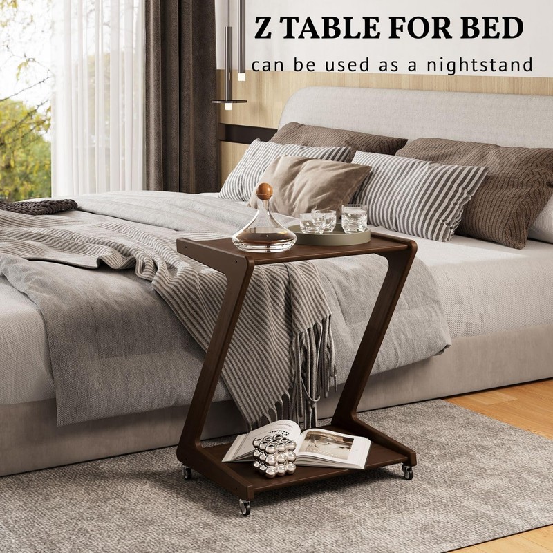 Solid Wood Rolling End Table with Lockable Wheels, Bamboo Couch Side Table Th... gallery