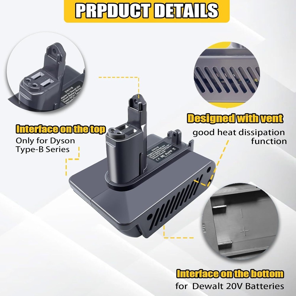 for Dyson Type B Battery Adapter for Dewalt 20V Battery to DC31 DC35 Vacuum