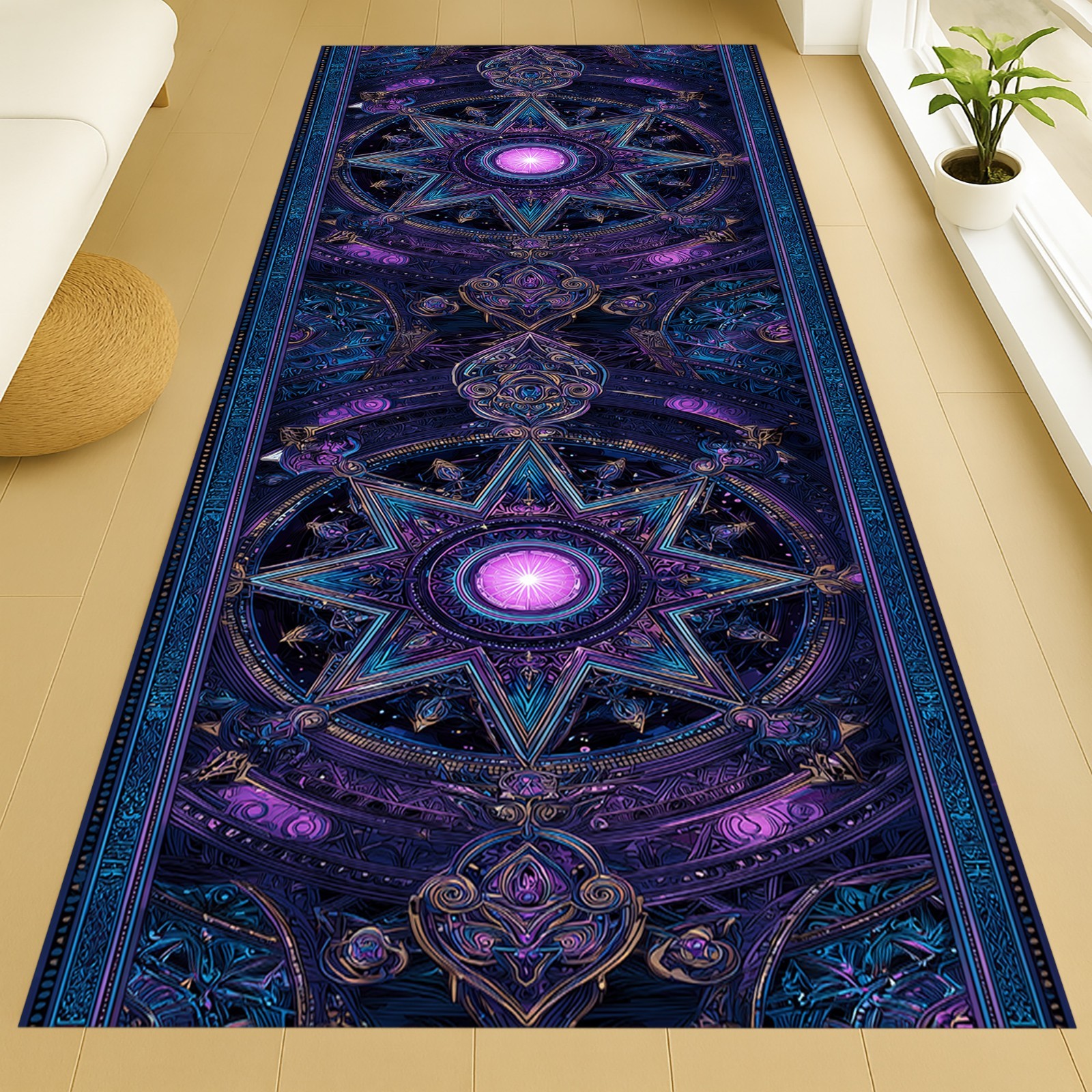 Cosmic Mandala Rug, Purple Blue Starburst Carpet, Neon Galaxy Pattern, Mystical gallery