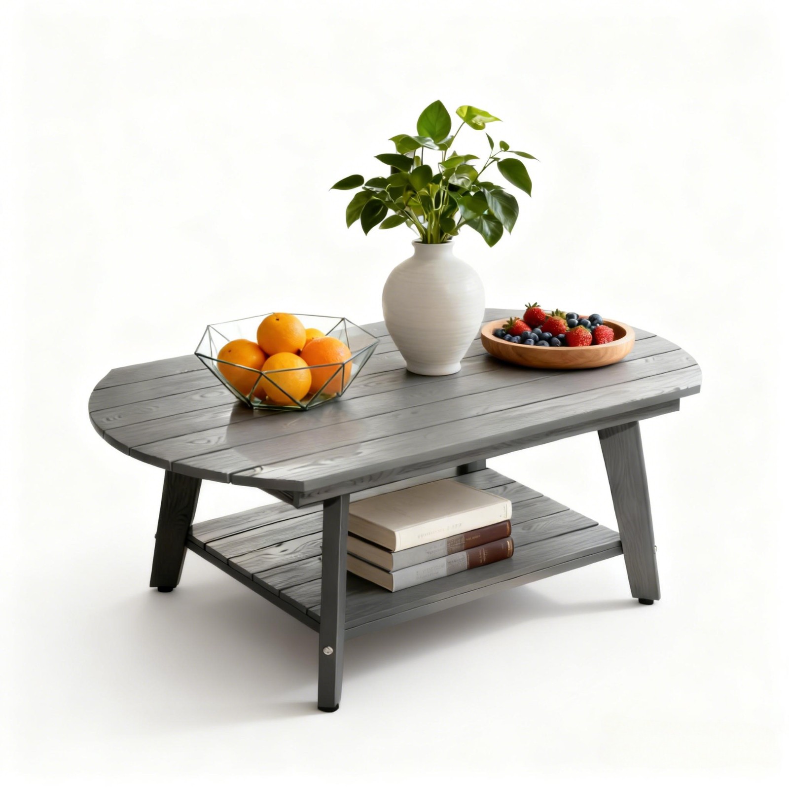 HIPS Coffee Table 2-Tier Oval Coffee Table with Storage Shelf Farmhouse ，Gray gallery