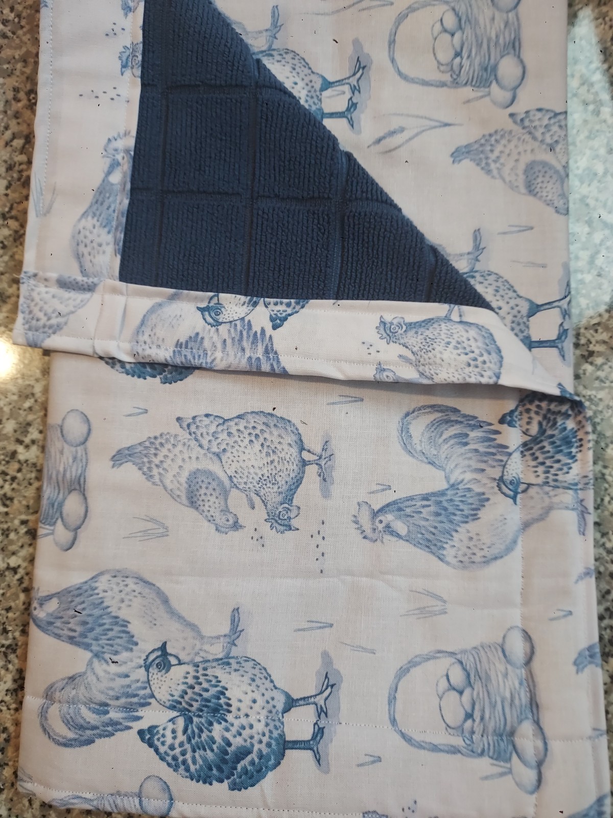 Dish Drying Mat Fabric Fast Drying Navy Blue Chickens 15 x 25 in Handmade gallery