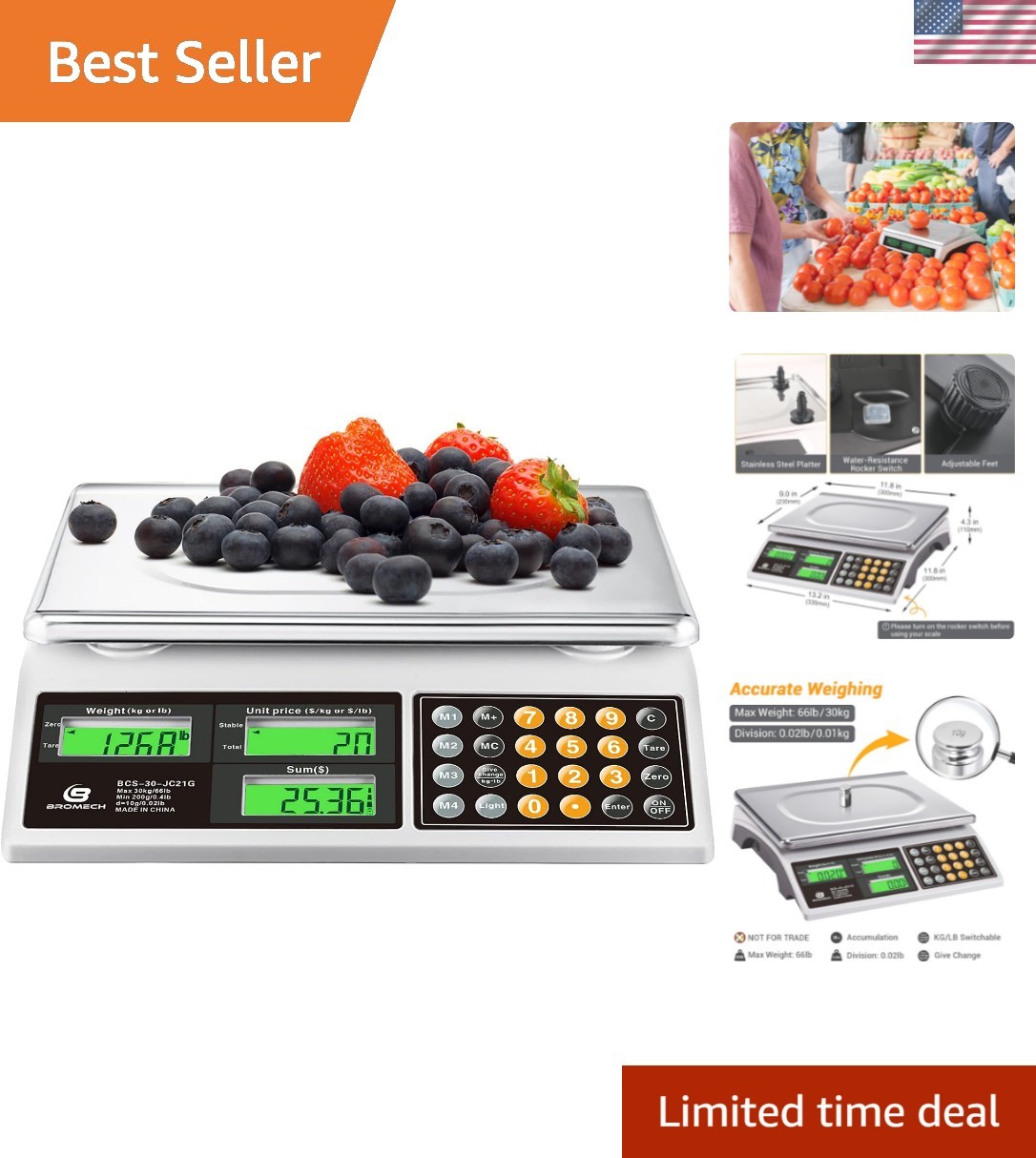 66lb Commercial Digital Scale with Green Backlight for Restaurants & Deli gallery