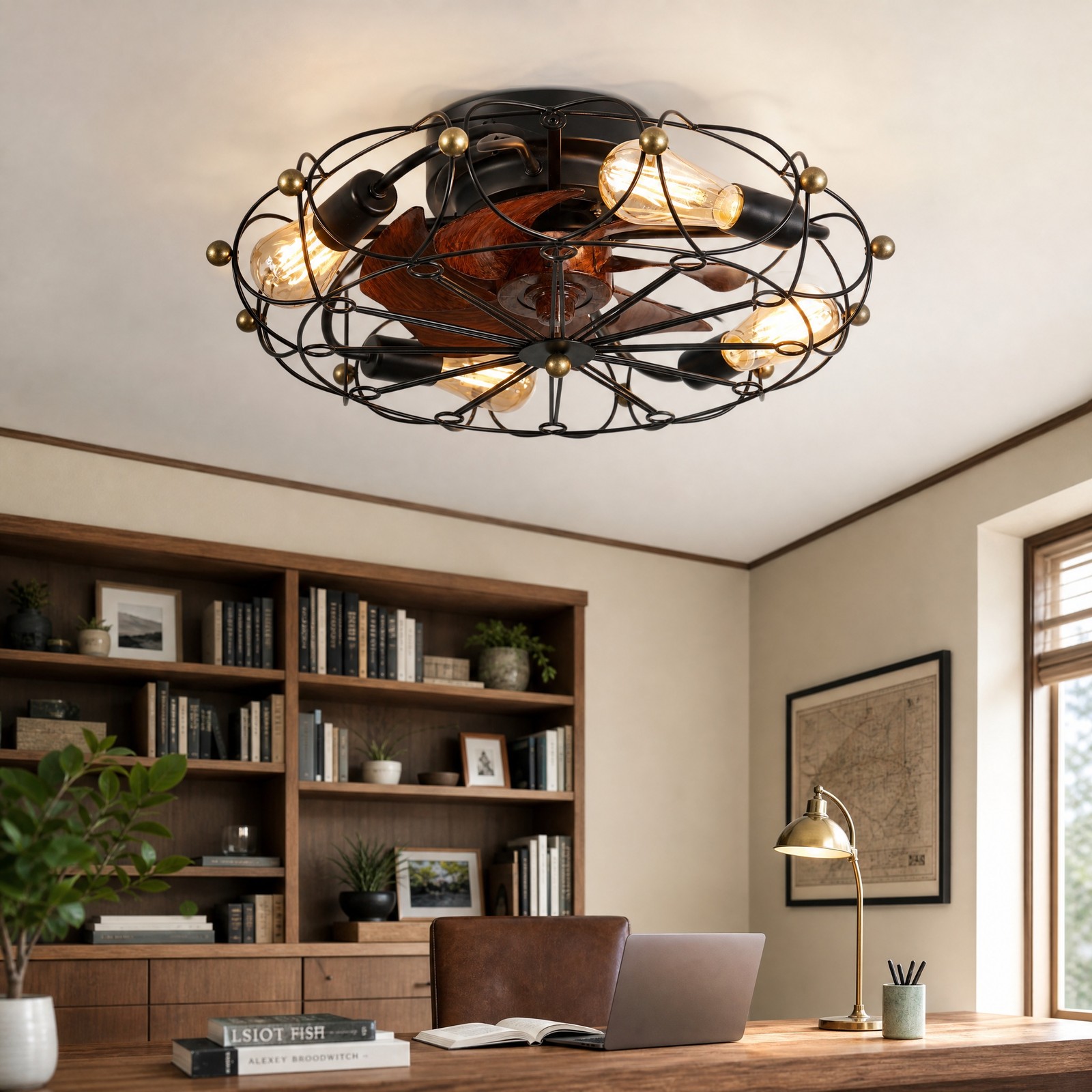 20'' Modern Caged Black Ceiling Fan with LED Light Flush Mount Remote Control gallery