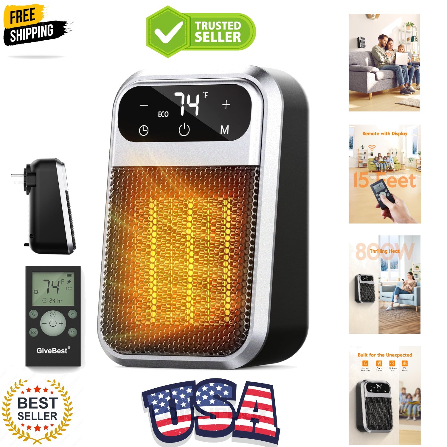 Small Plug In Heater, Digital Display Bathroom Heaters for Indoor Use, 800W C... gallery