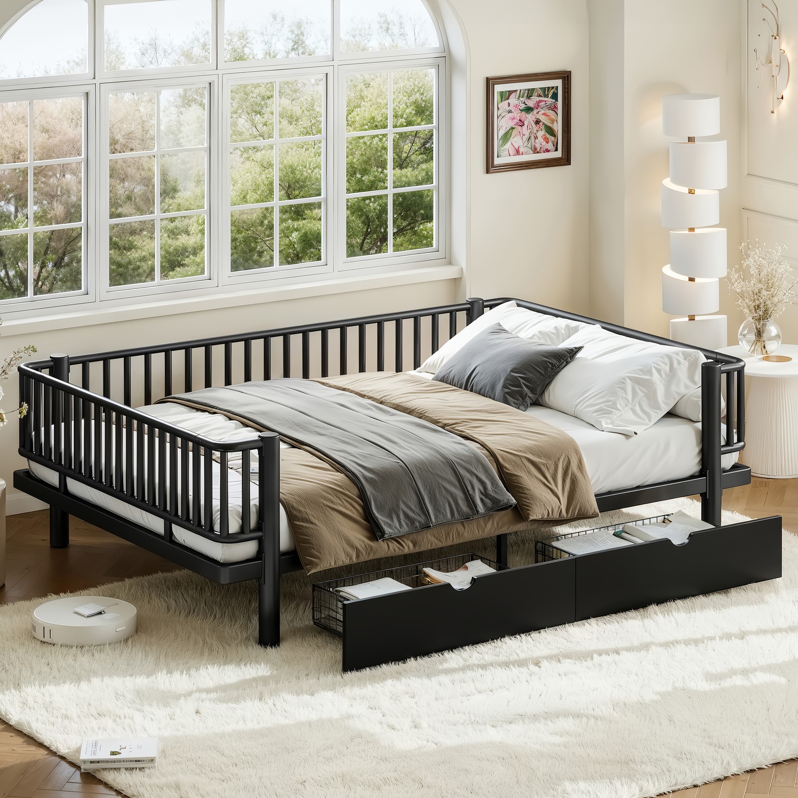 Queen Size Metal MDF Platform Bed Frame Daybed Slatted W/ Storage Drawers Black gallery