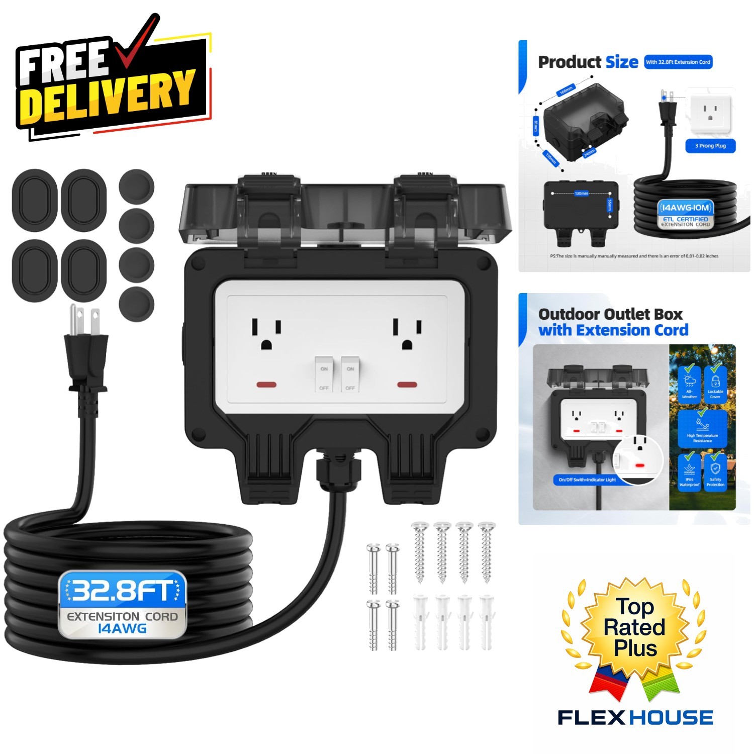 Outdoor Power Outlet Box with 32.8Ft Extension Cord - Child-Safe Design gallery
