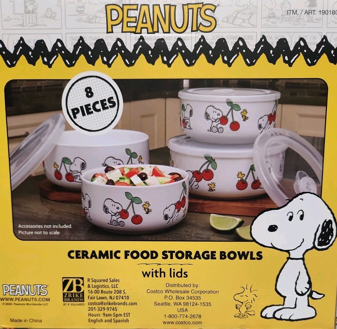 Peanuts Snoopy 8 PC Ceramic Food Storage Bowls w/ Lids Cherries gallery
