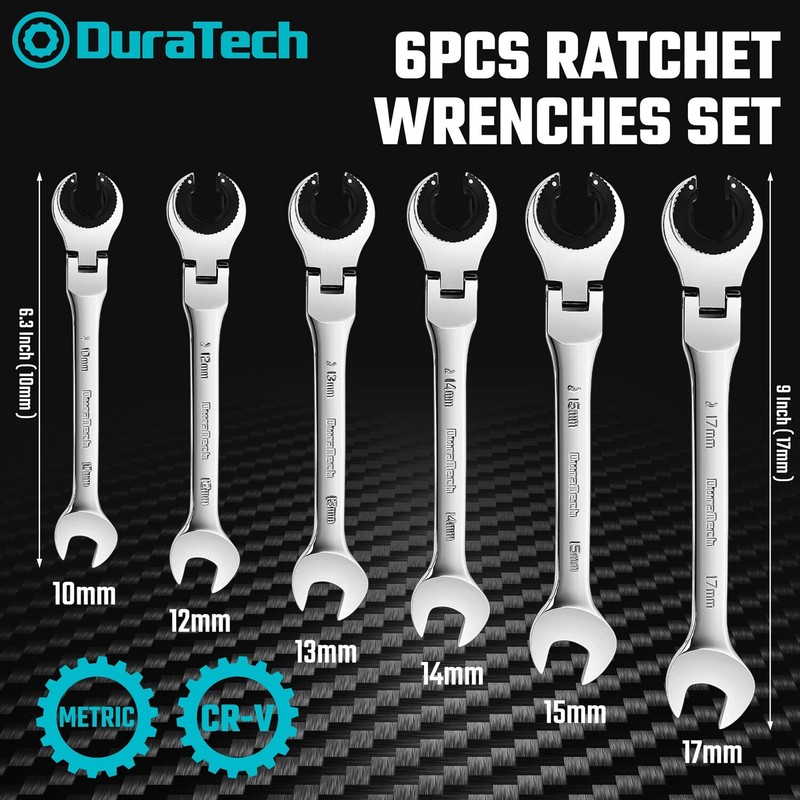 DURATECH 6-Pieces Open Flex-head Ratcheting Wrench Set 10-17mm Tubing Wrench Set gallery