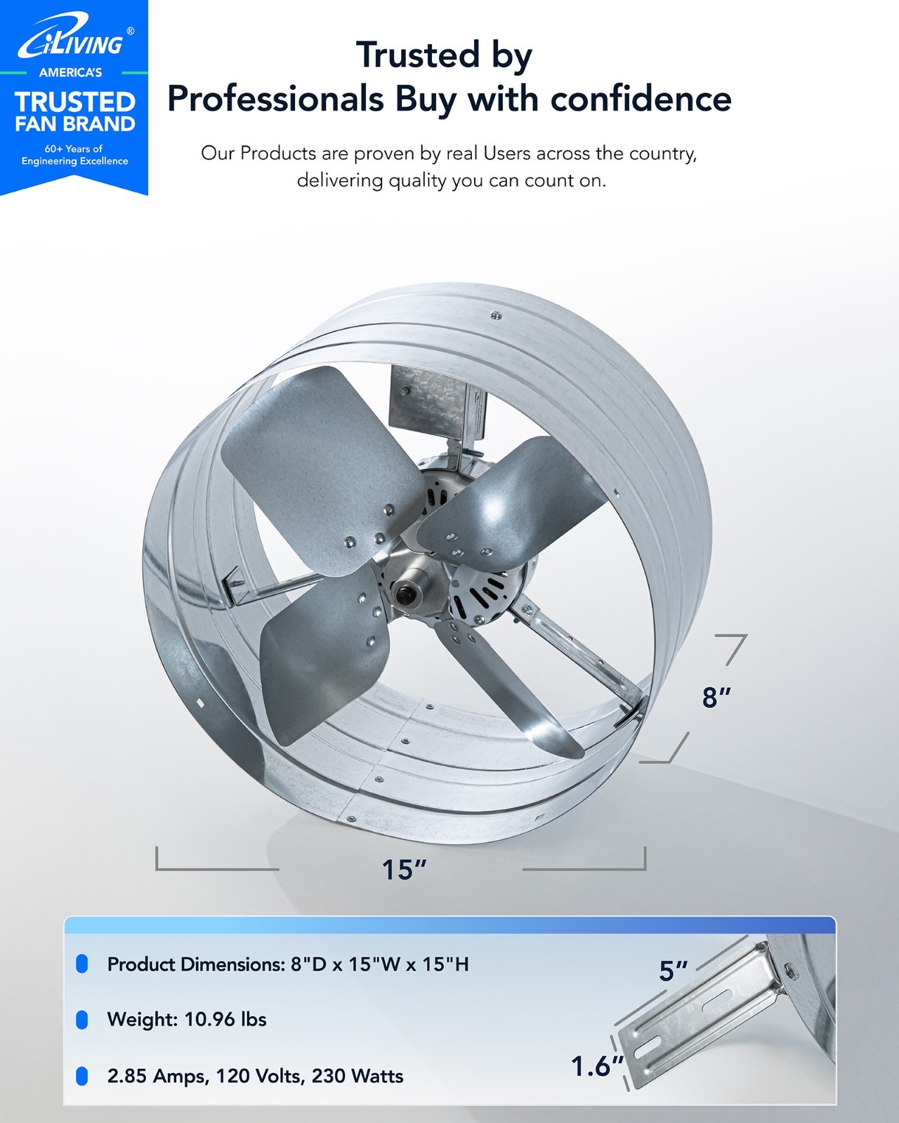 iLIVING Gable Mount Attic Fan, Adjustable Thermostat, 2339 CFM, Single Speed gallery