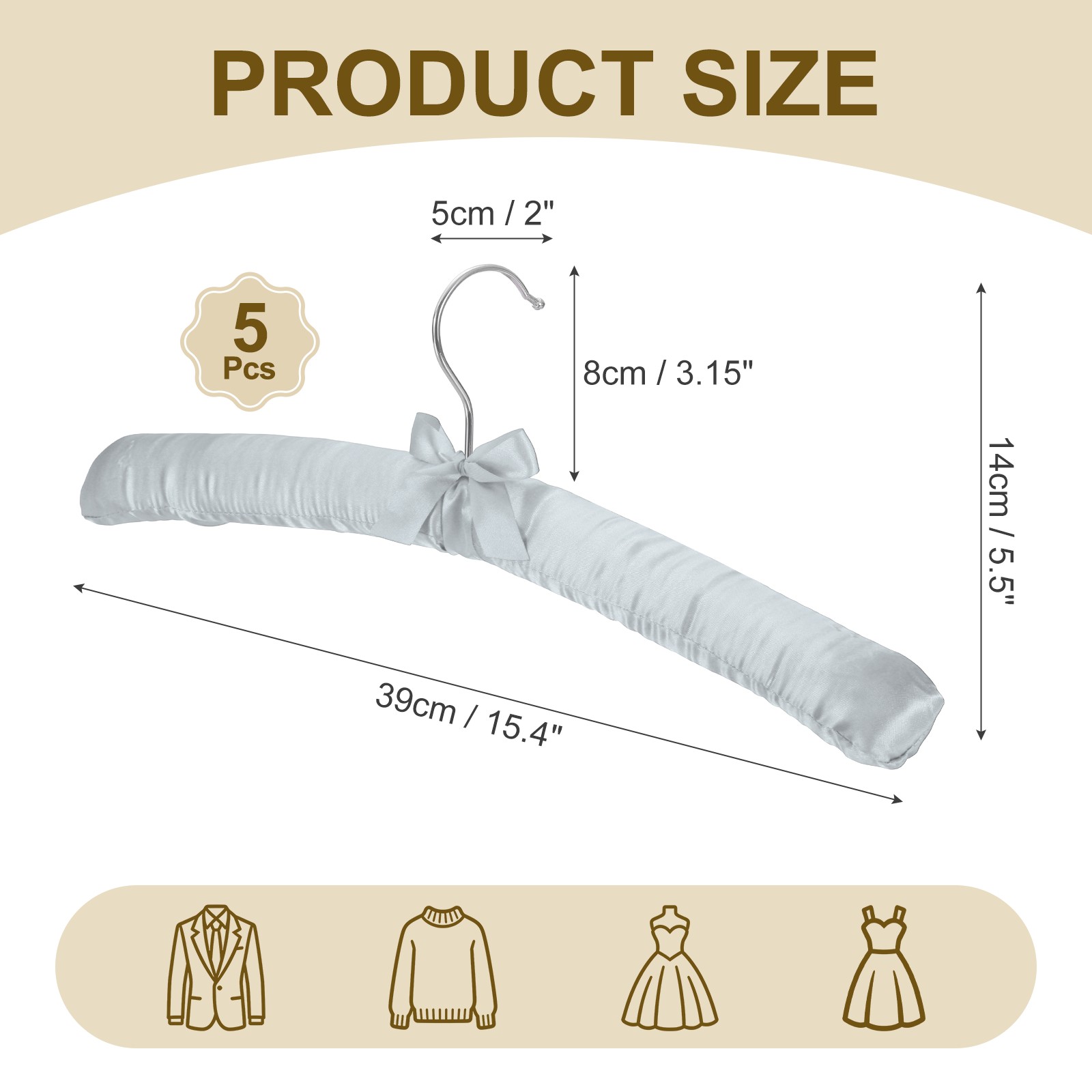 5Pcs Satin Padded Hangers 15 Inch Blouse Hangers for Women Gray gallery