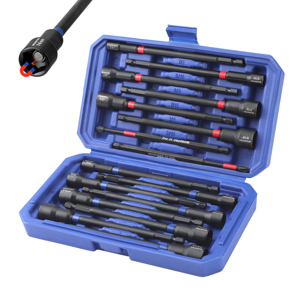 WORKPRO 16PC Magnetic Nut Driver Set and Bit, 6" Long Nut Drivers, Metric & SAE
