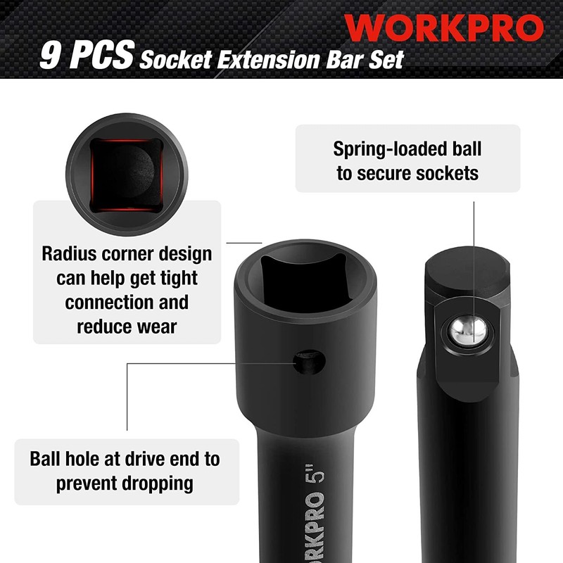 WORKPRO 9 PC Impact Driver Extension Bar Set 1/4"3/8"&1/2"Drive Socket Extension gallery