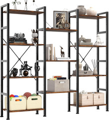Rustic 3-Column Wide Bookshelf with Adjustable Shelves for Home & Office