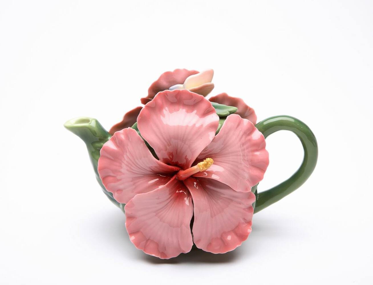 Ceramic Pink Hibiscus Flower Teapot, Gift for Her, Gift for Mom, Kitchen Décor, gallery