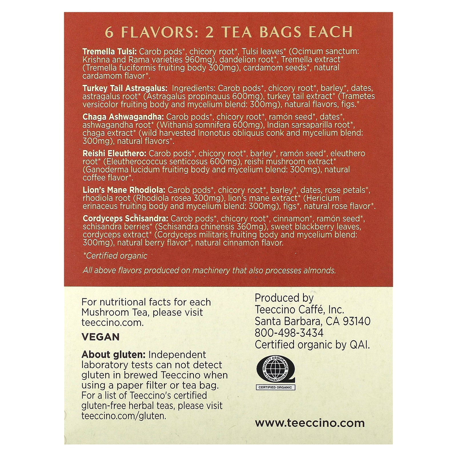 Mushroom Herbal Tea Sampler, 6 Flavors, Caffeine Free, 12 Tea Bags, 2.54 oz (72 gallery