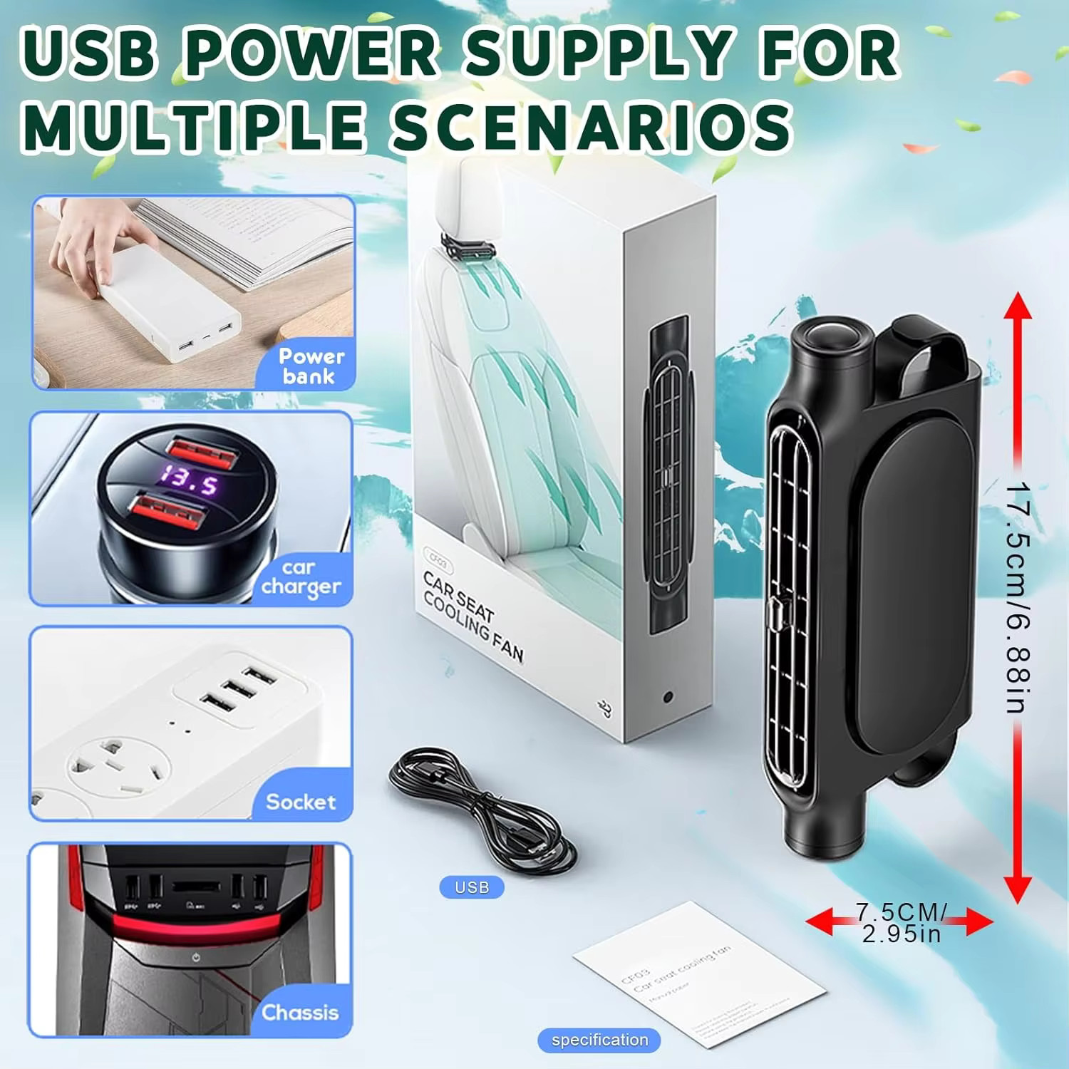Mini USB Car SUV Seat Back Cooling Fan Portable 3 Speed Headrest Silent Cooler gallery