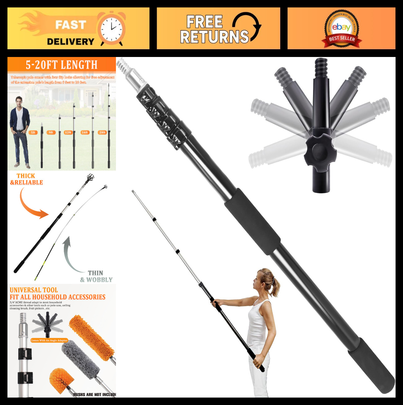 28FT Telescopic Extension Pole - 5-20FT Adjustable Lightweight Aluminum for Pain gallery