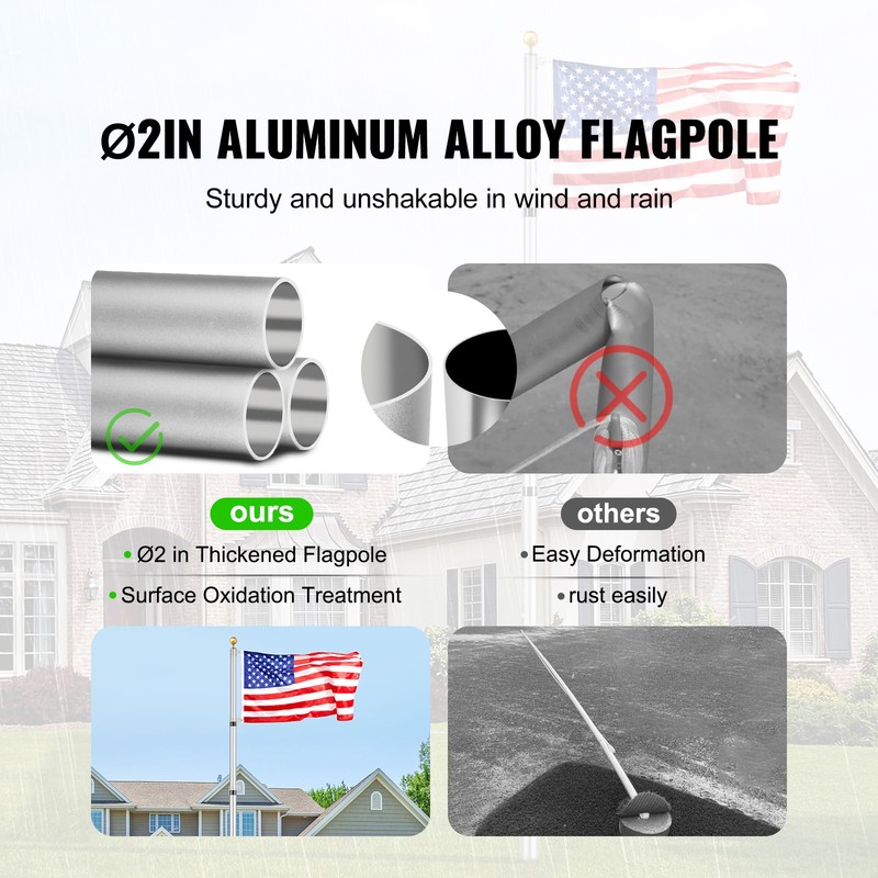 VEVOR 25FT Telescopic Flagpole Kit Heavy Duty Aluminum Flag Pole American Silver gallery