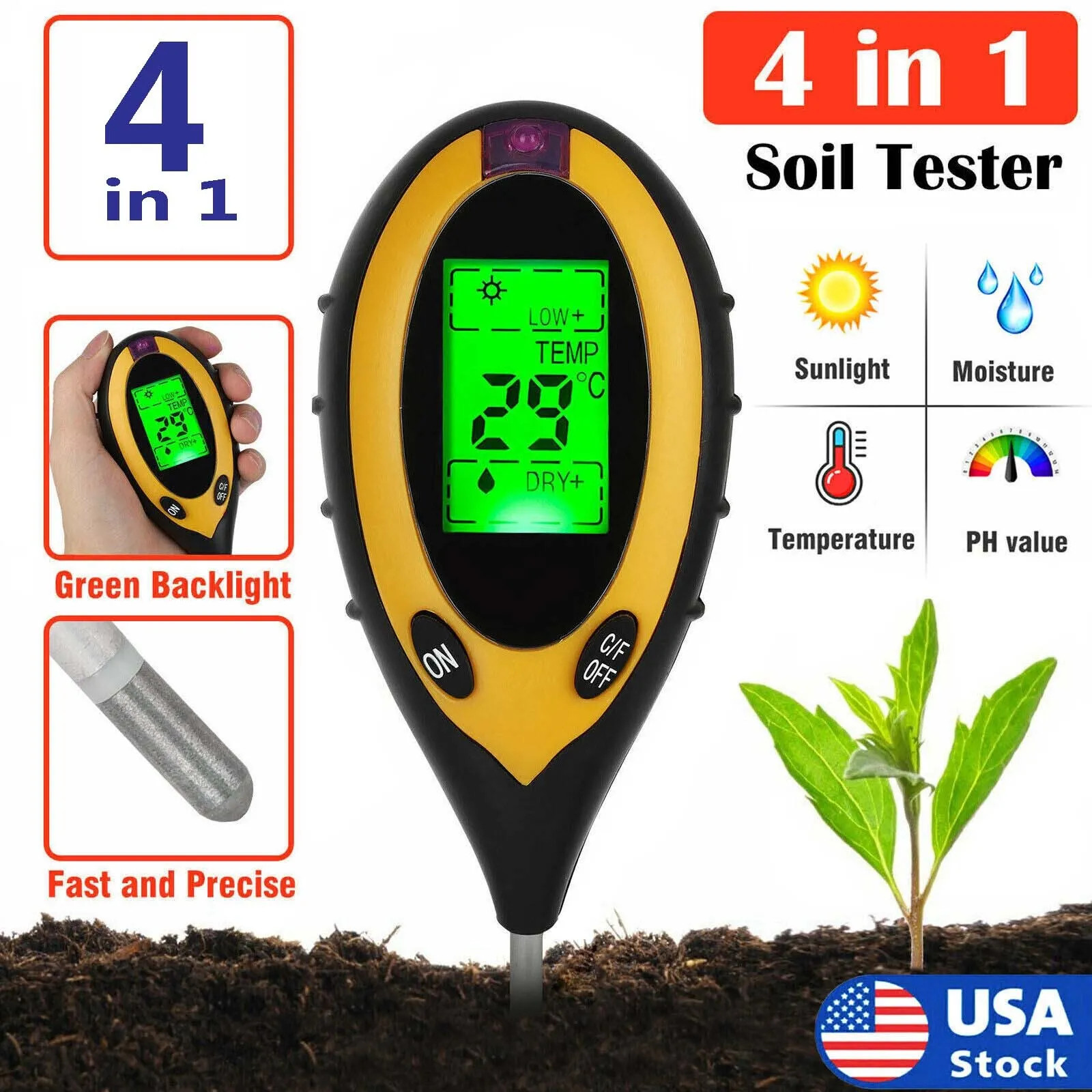 4 in1 LCD Digital Soil PH Meter Tester Temperature Sunlight Fertility Hygrometer gallery