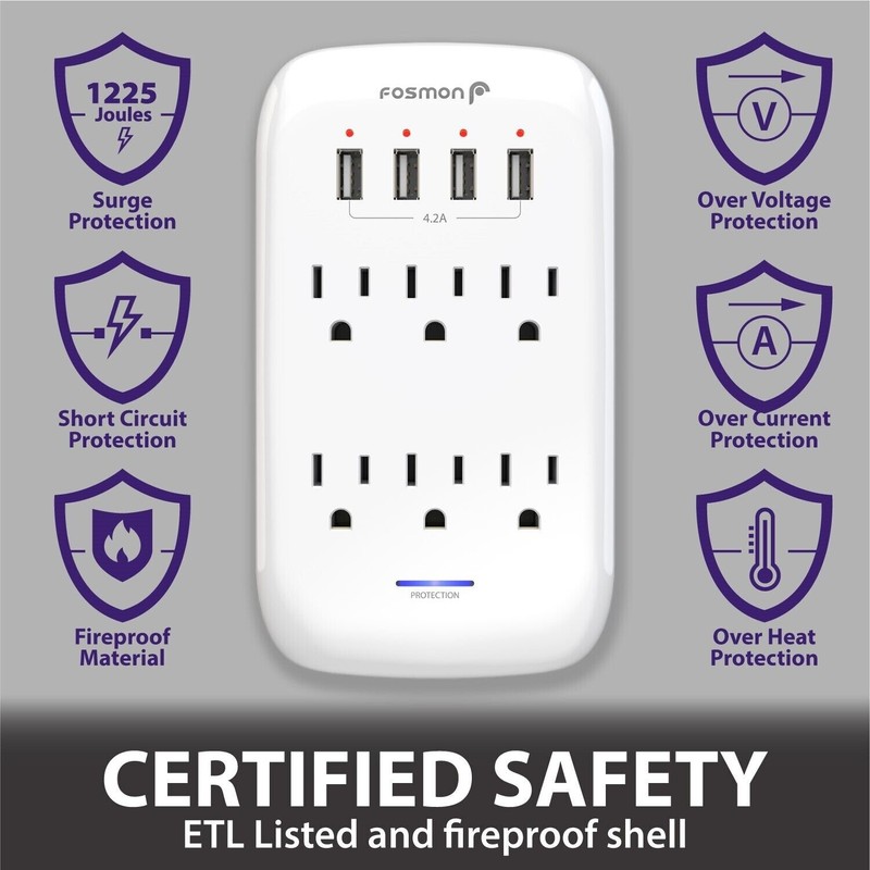 6 Outlet Extender 1225J Surge Protector With 4 USB Charger Port Wall Adapter Tap gallery