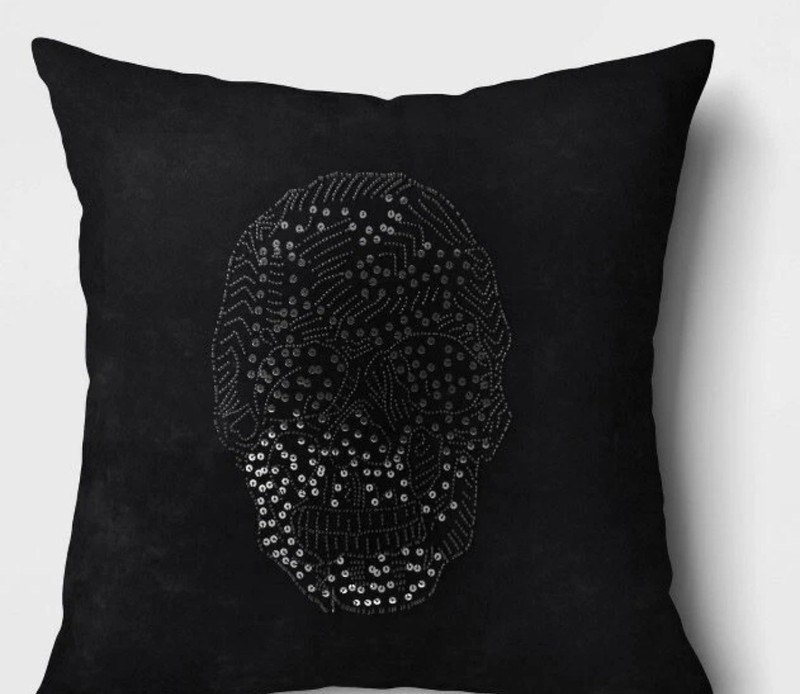 Threshold Halloween Throw Pillow Black Velvet Beaded Skull Square gallery