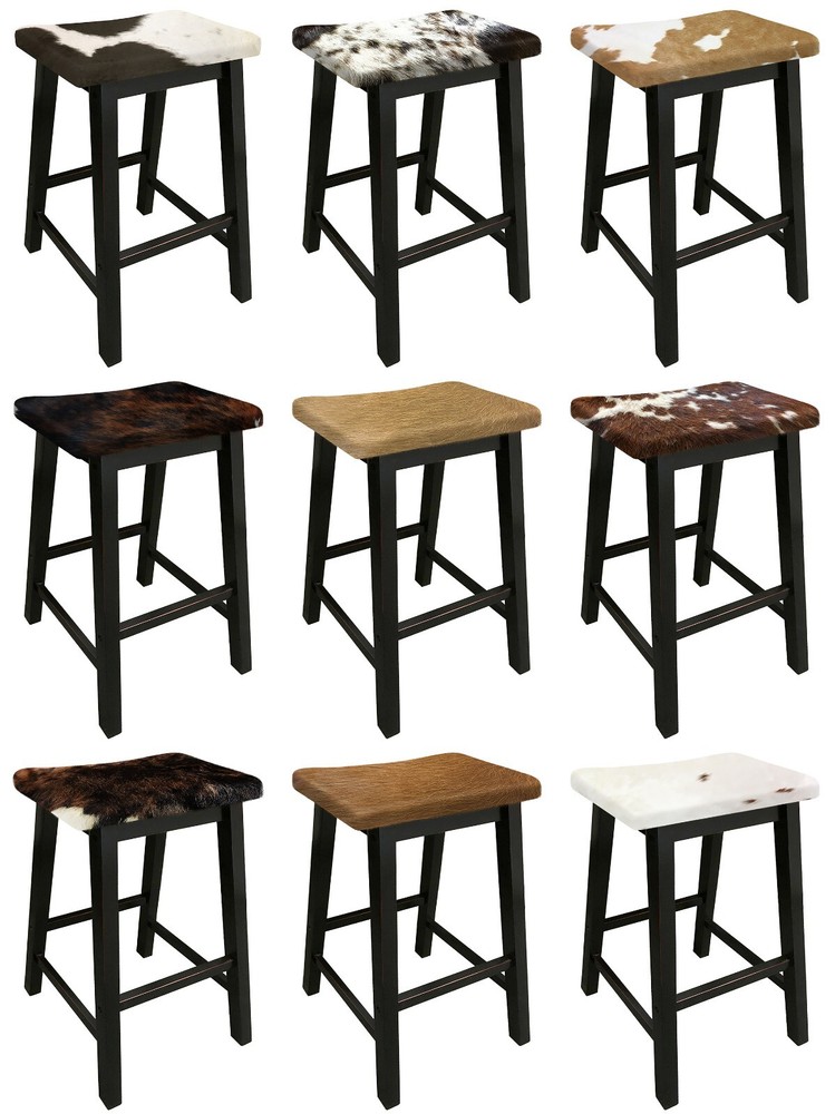 Bar Stool Authentic Cowhide Covered Saddle Seat Style Black Finish Wood 24"-29"