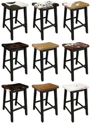 Bar Stool Authentic Cowhide Covered Saddle Seat Style Black Finish Wood 24″-29″