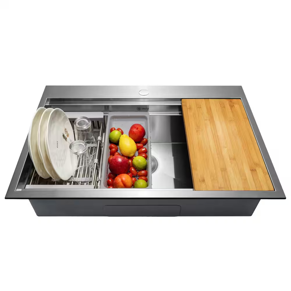 Handmade Drop-In 33 In. X 22 In. Single Bowl Stainless Steel Workstation Kitchen gallery