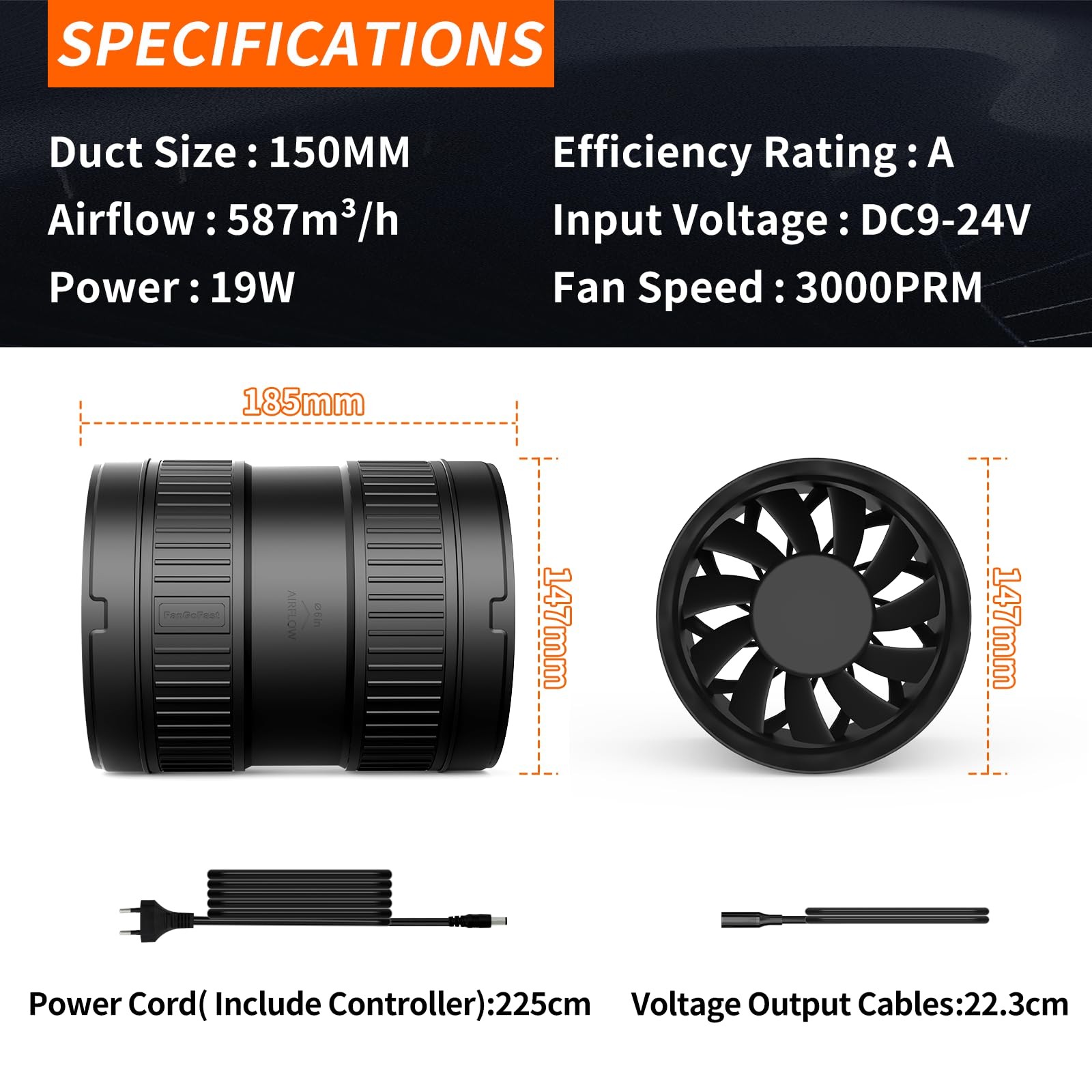 6 Inch Inline Duct Fan 345CFM Airflow with Stepless Speed Control Low Noise E... gallery