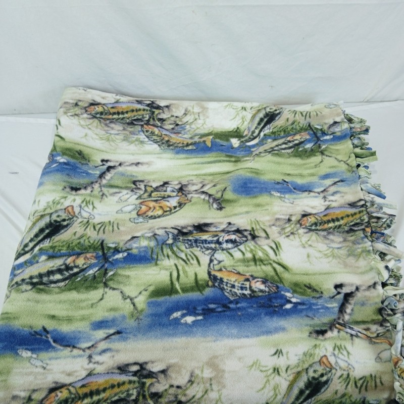 FISHING PATTERN DOUBLE SIDED HAND TIE FLEECE ANTI PILL THROW BLANKET 48 X 92 BIG gallery