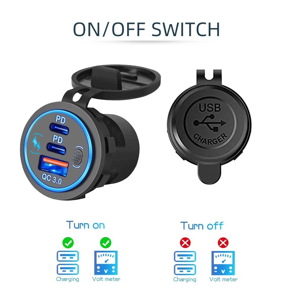Car Charger Socket PD3.0 & QC3.0 Double USB C Ports Waterproof with LED Touch gallery