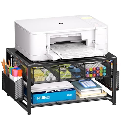 Metal Printer Stand for Desk with Storage Drawer and 2 Pen Holders, 2 Black