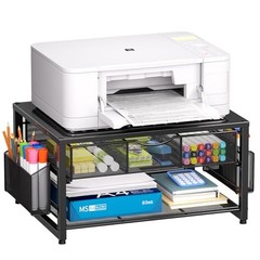 Metal Printer Stand for Desk with Storage Drawer and 2 Pen Holders, 2 Black