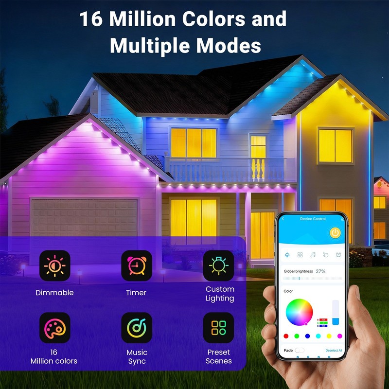 100ft Permanent Outdoor Lights,RGB Eaves Lights with App Control Remote,DIY IP67 gallery
