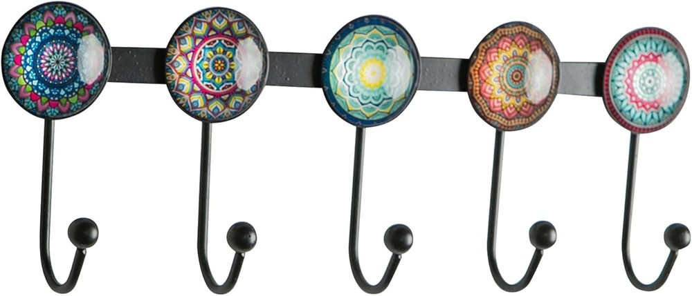 Boho Coat Rack Wall Mounted with 5 Hooks, Multi-Color Mandala Pattern Decorative