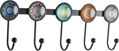 Boho Coat Rack Wall Mounted with 5 Hooks, Multi-Color Mandala Pattern Decorative