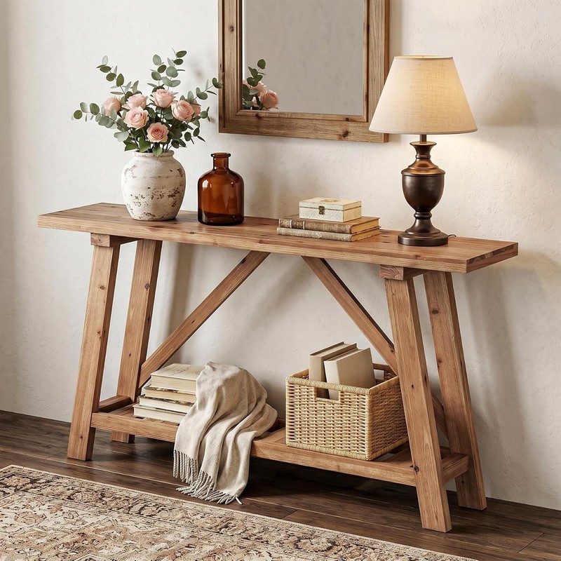 Solid Wood Console Table, 63" Long Narrow Entryway Sofa Table with Storage Shelf gallery