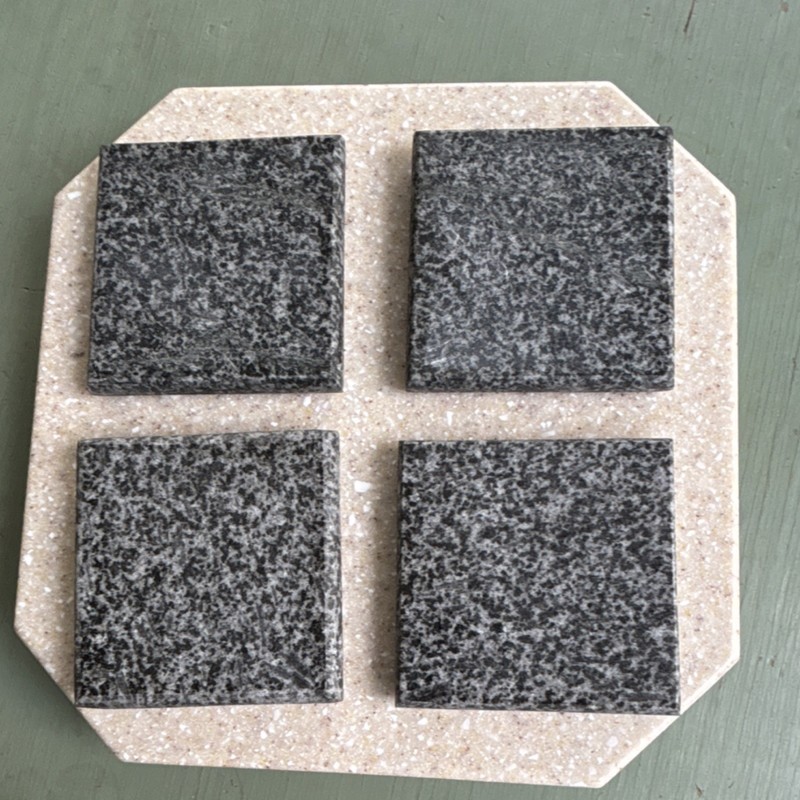 Viatris Stone Coaster Set Square Marbled Gray 4pcs Medium Brown Wood Holder gallery