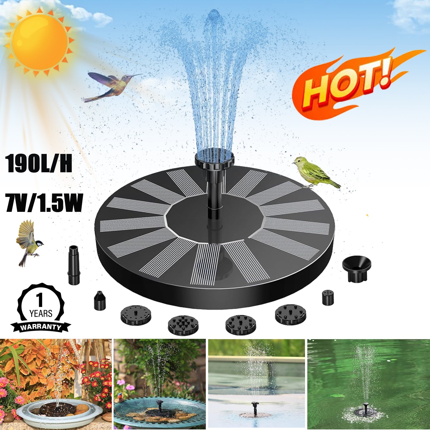 Solar Powered Water Fountain Pump for Garden, Ponds, Pool, Fish Tank,1.5W-New gallery