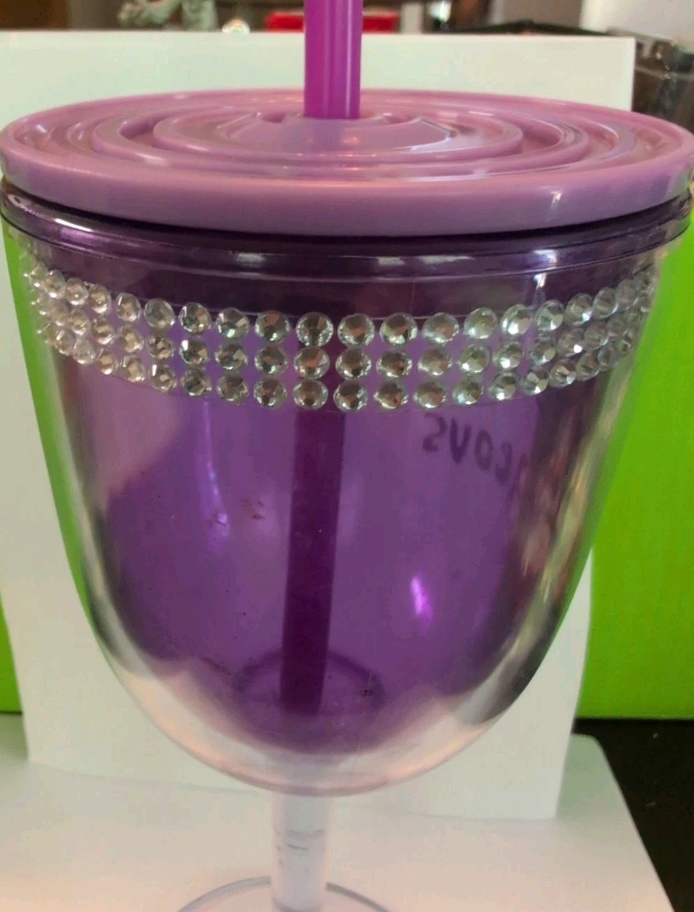 Purple With Rhinestones Large Wine Glass Plastic With Lid 8" gallery
