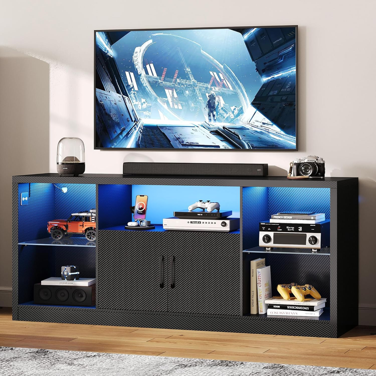 TV Stand for Tvs 65 Inch with Power Outlet and LED Lights, Carbon Fiber Entertai gallery