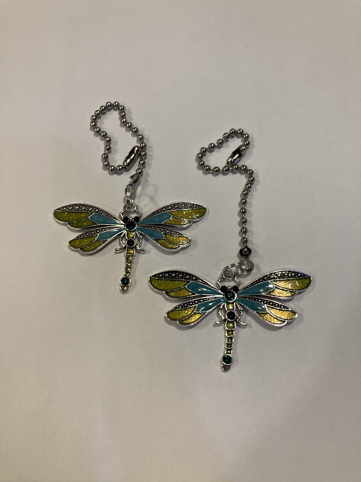 DRAGONFLY ANTIQUE SILVER GREEN CEILING FAN CHAIN LIGHT SWITCH PULL LARGE PAIR gallery