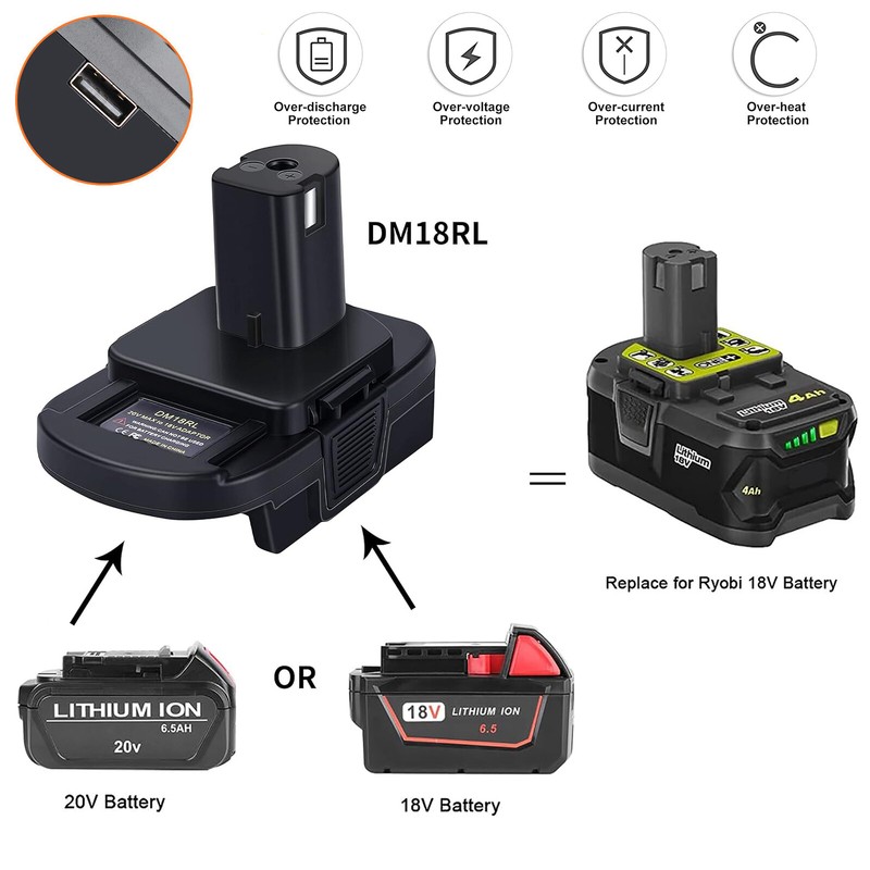 USB Battery Adapter Converter for De walt 20V Milwaukee 18V to Ryobi 18V Tool gallery