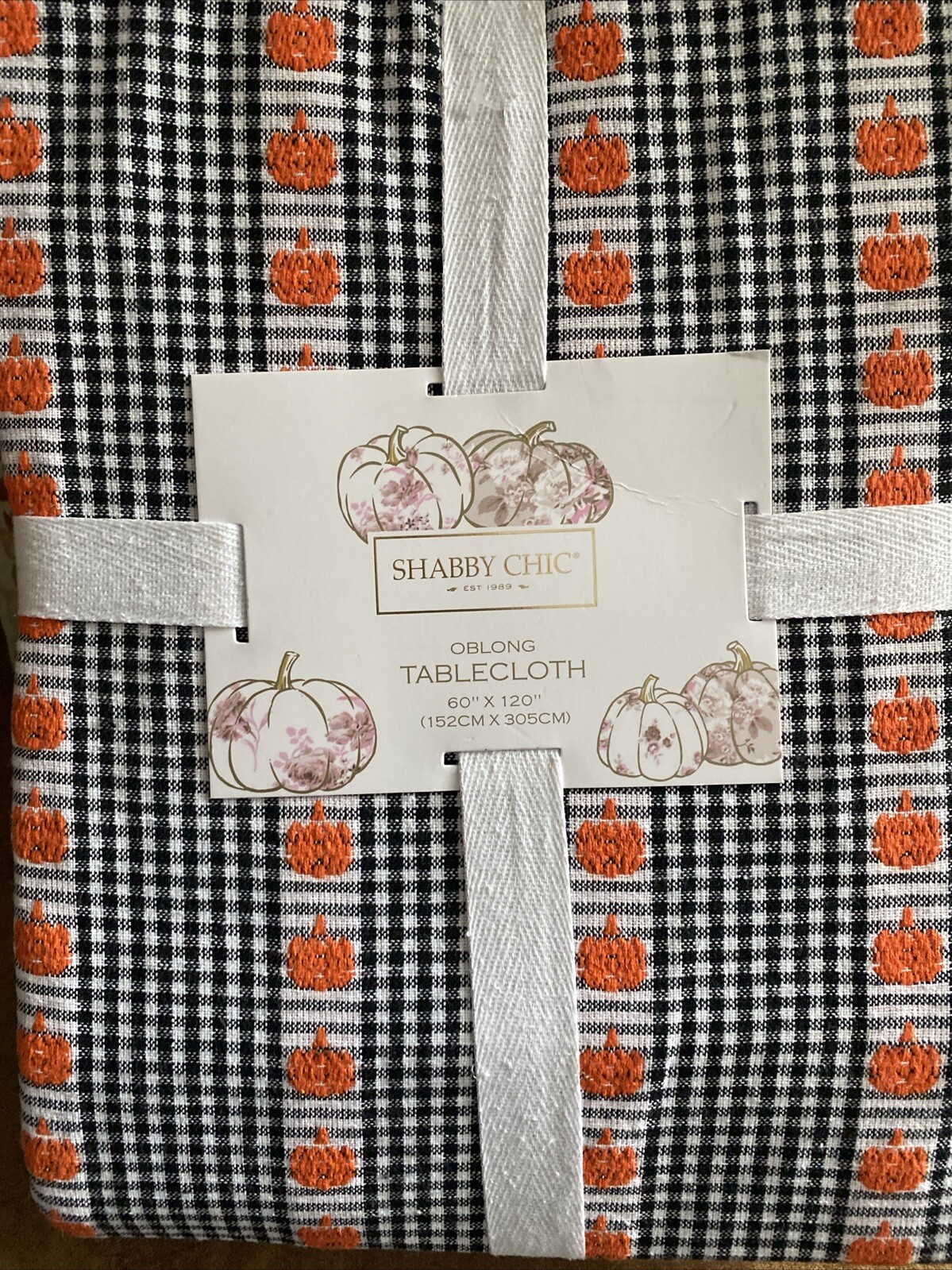 Shabby Chic Oblong Tablecloth Checkered - Black, White, Orange Pumpkins, 60x120” gallery