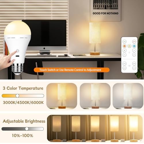 Rechargeable E26 Light Bulbs with Remote, 2600mAh Battery, 3000K-6500K, 40W Equi gallery