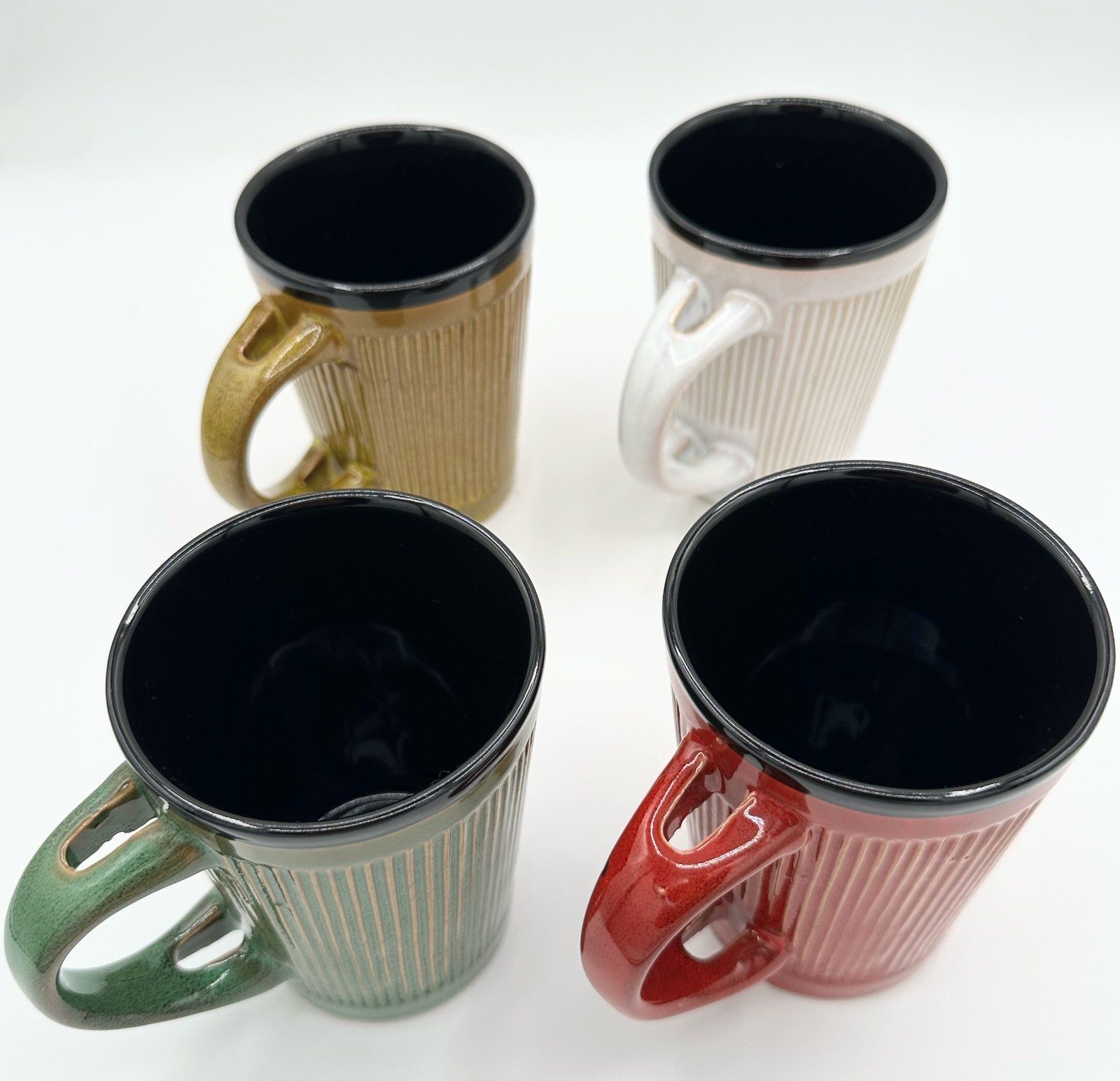Striped Coffee Mugs, Green, Red, Tan, White. with Spoon Holder gallery