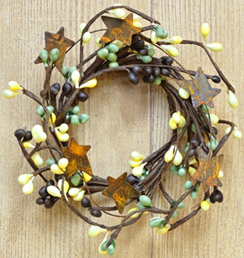 Candle Napkin Ring 2" Pip Berry Rusty Tin Stars - Coffee Bean Brown Green Yellow gallery